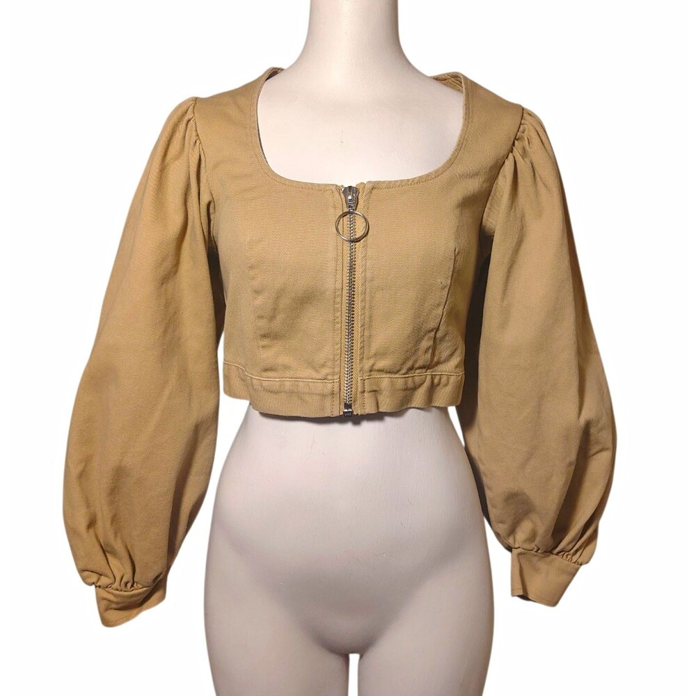 ASOS Beige Cotton Twill Square Neck Puff Long Sleeve Cropped Zip Size 4 00098